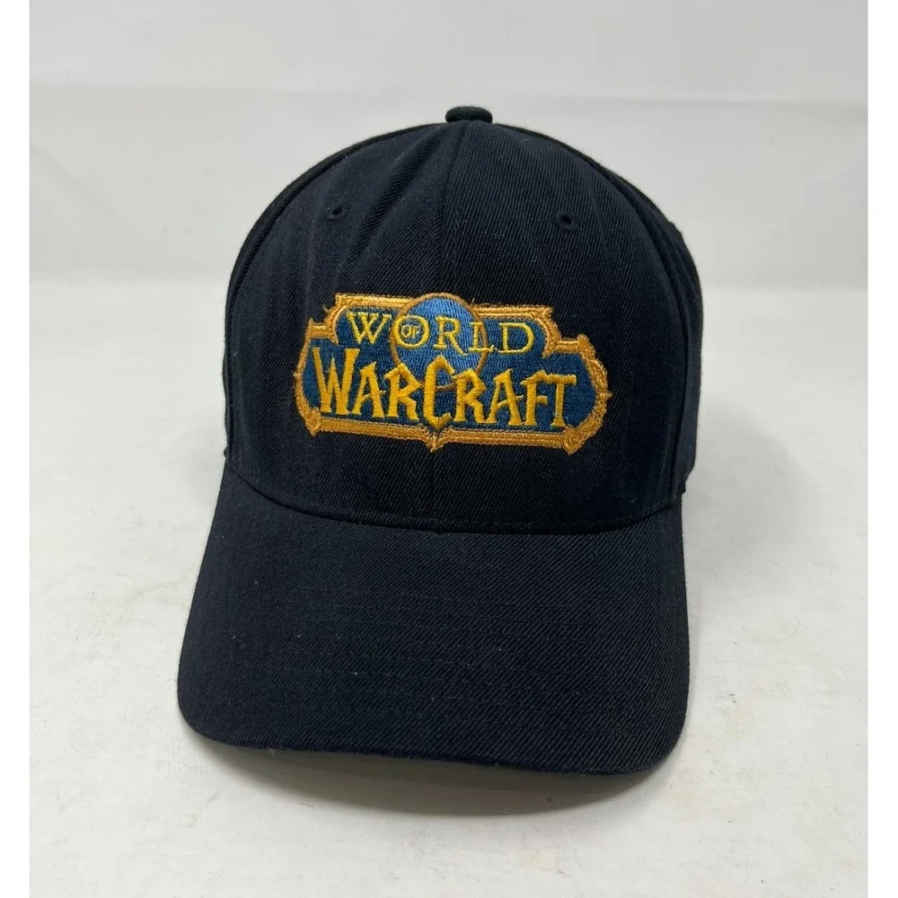 WORLD OF WARCRAFT Cap Hat Adult S-M Black Acrylic Wool Blend Flexfit